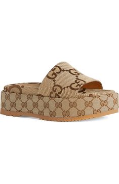 Gucci Angelina GG Logo Platform Slide Sandal (Women) | Nordstrom Luxury Textured Slides For Summer, Luxury Slides With Textured Footbed For Spring, Gucci Leather Wedge Sandals For Summer, Gucci Sandals With Cushioned Footbed For Spring, Flatform Sandals Gucci, Gucci Summer Wedge Sandals With Round Toe, Gucci Casual Slides For Spring, Gucci Summer Slides With Round Toe, Gucci Leather Slides For Spring