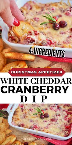 Long pin image for cranberry cream cheese dip with hand scooping a bite of dip and bottom image of dip in a pretty baking dish. Cranberry Cream Cheese Dip, Cranberry Dip, Cream Cheese Dip, Leftover Cranberry Sauce, Cranberry Cream Cheese, Thanksgiving 2024, Cream Cheese Dips, Cranberry Recipes, Cheese Balls