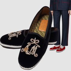 Designer: Gucci Condition: Authentic And Brand New Style Name / Number: 574881 Fas60 1000 Material: Velvet Upper, Rubber Sole Unique Features: Men's Velvet Loafer / Moccasin Features Pearl Effect Beaded "Am" Applique That Stands For Initials Of Gucci's Creative Director, Alessandro Michele. Plush Black Velvet With Grosgrain Trim. Resin Pearl Beads And Metallic Threads. Printed Logo Lining. Signature Rubber Sole. Color: Black, Please Note That Color Appearance May Vary Depending On Your Monitor S Gucci Designer Slip-on Loafers, Luxury Black Gucci Loafers, Gucci Black Flat Loafers, Gucci Casual Black Loafers, Casual Black Gucci Loafers, Designer Slip-on Loafers, Velvet Loafers Mens, Resin Pearl, Gucci Mens