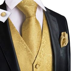 FEATURES Includes: Waistcoat, Necktie, Pocket Square and Cufflinks Material: 100% Handmade Silk Occasion: Wedding, Party, Business, Daily Look Gives your wardrobe an upscale look Free Worldwide Shipping Gold Man, Tuxedo Vest, Silk Vest, Mens Suit Vest, Waist Jacket, Street Sweatshirt, Vest And Tie, Suit Waistcoat, Suit Dress