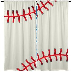 baseball curtains with red stitches on them