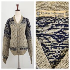 "Vintage Nordic Fairisle Den Norske Husflidsforening Oslo Woollen Knit Cardigan Sweater Circa 1950s Authentic vintage Norwegian wool sweater. Judging by the quality and age we believe this sweater to be of genuine native Norwegian sheeps wool as it has the particular texture and no pilling or moth damage and has fully held its shape. We conservatively estimate 1950s but it's quite possibly older. Den Norske Husflidsforening was established in the 1800s but reached popularity in the 1920s. A real collectors piece to be loved for years to come.  Size: No size tag Measurements laid flat: Armpit to Armpit: 24.5\" Shoulder to hem: 25\" Armpit to cuff: 23\" Material: 100% Wool Condition: Excellent Vintage condition  Brand: Den Norske Husflidsforening / Oslo (Husfliden) Norge ⚘️⚘️⚘️ We do our bes Vintage Long Sleeve Cardigan For Cold Weather, Retro Beige Cardigan For Winter, Retro Beige Winter Cardigan, Vintage Knitted Winter Outerwear, Vintage Knitted Beige Outerwear, Vintage Beige Winter Cardigan, Vintage Beige Knit Outerwear, Vintage Wool Sweater With Fair Isle Pattern, Vintage Winter Outerwear With Fair Isle Pattern