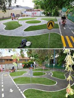 two pictures of children's play area in the backyard, one is empty and the other has grass