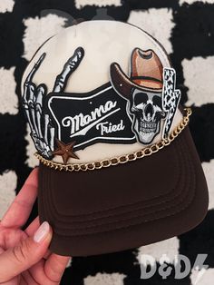 This custom made trucker patch hat is perfect for any occasion whether it be for spring/summer time, a lake hat, a gift for someone, or just a cute accessory to add a little spice to your outfit 🧢✨ DETAILS-  * This hat is one size with an adjustable SnapBack that is adjustable from 20in. - 23.5in. * The color of this hat is Brown & Tan * The material of the hat is polyester with iron on patches  REFUNDS AND CANCELLATIONS- Every hat is handmade by me as a result, a slight variation can occur from the picture with patch size or placement. If you have any problems with your hat please message me within 24 hours of receiving your order and I'd be happy to help! No refunds or exchanges will be accepted after. CONNECT- To enter giveaways, discount codes, or behind the scenes, follow our pages. Trucker Patch Hat Ideas, Country Trucker Hats For Women, Hand Painted Hats Design, Patches On Hats, Bride Trucker Hat, Western Trucker Hats With Patches, Hat With Patches, Hat Patches Design, Trucker Hat Bar Ideas