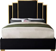 a bed with black and gold headboard on it's side, in front of a white background