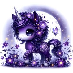 a purple unicorn with flowers and butterflies on it's head sitting in front of a full moon