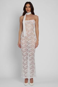 Soleil Scalloped Lace Midi Dress - White. Sheer Outfit, Tube Midi Dress, White Lace Maxi Dress, White Lace Maxi, White Lace Mini Dress, High Waist Long Skirt, White Tube, Long Skirt Outfits, High Fashion Outfits