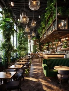 the interior of a restaurant with tables, chairs and potted plants on the walls