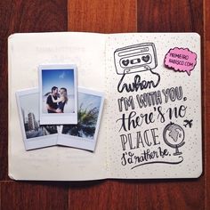 an open notebook with pictures and writing on it