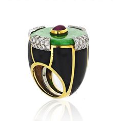 David Webb - Jade Platinum & 18K Yellow Gold Black Enamel, Diamonds, Ruby Ring Bezel Set Cabochon, Cabochon Ruby, Tiaras Jewellery, David Webb, Jewelry Brands, 18k Yellow Gold Ring, Ruby Jewelry, Men Clothes, Royal Jewelry