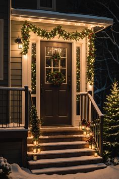 the front door is decorated with christmas lights and wreaths