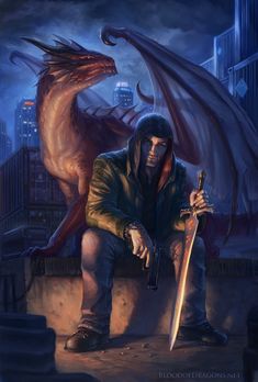 a man holding a knife sitting on top of a building next to a dragon and demon