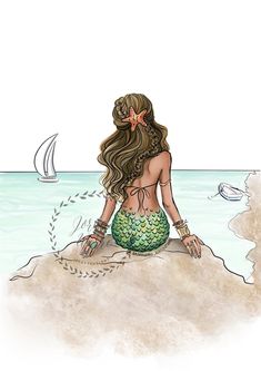 a woman sitting on top of a sandy beach next to the ocean wearing a green mermaid tail