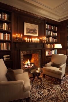 a living room filled with furniture and a fire place next to a book shelf full of books