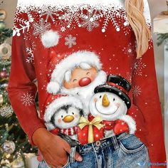 Orcajump - Christmas Santa & Animals Print T-Shirt, Cute Long Sleeve T-Shirt For Spring & Fall, Women's Clothing Long Sleeve Cartoon Print T-shirt For Winter, Red Long-sleeve T-shirt With Cartoon Print, Animal Print T Shirts, Animals Print, Christmas Graphic, Muscle T Shirts, Casual Long Sleeve T-shirt With Dog Print, Christmas Santa, Costume Party