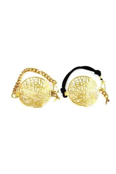 Beautiful gold-plated bracelet with Arabic calligraphy design. Bracelet is made of 22kt gold-plated over brass with either gold chain or suede. 7 inches long. Calligraphy says "God the Most Compassionate & Most Merciful". Clasp is a hook and bracelet is adjustable. Adjustable Gold Bracelet For Ceremonial Occasions, Gold Chain Bracelet With Adjustable Chain For Spiritual Wear, Adjustable Engraved Gold-plated Bracelets, Symbolic Gold Bracelets For Ceremonial Occasions, Symbolic Gold Bracelets For Ceremonies, Gold Spiritual Bracelets For Ceremonial Occasions, Ceremonial Spiritual Gold Bracelets, Gift Brass Bracelets With Gold Clasp, Traditional Engraved Chain Bracelet For Gift