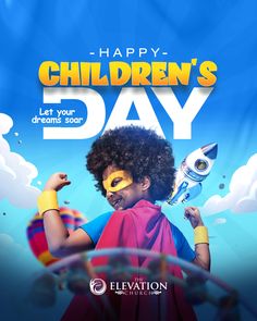 an advertisement for children's day with a boy holding a toy rocket and wearing a mask