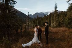 a bride and groom standing in the middle of a field with mountains in the background