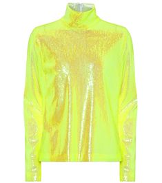 Invest in MM6 Maison Margiela's sequined top for the ultimate glam up. This neon-yellow style is made in Italy with a high neckline, long sleeves and boxy fit through the body. Sequined Top, High Neck Top, Mm6 Maison Margiela, Yellow Fashion, Sequin Top, High Neckline, Small Designs, Long Tops, Lace Top