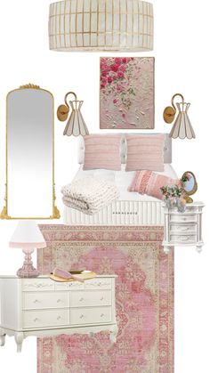 a bedroom with pink and gold accents on the walls, rugs, bedding, lamps