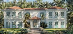 an artist's rendering of a large white house with palm trees in the background