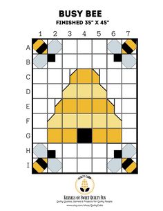 the pattern for busy bee is shown in yellow and black, as well as an image of