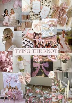 a collage of photos with pink and white items in the center, including balloons, dresses, shoes, wine bottles, candles