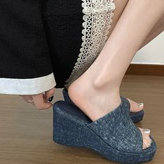 LBSFY - 2024 Summer Chunky Denim Blue Women Slipper Fashion Comfort Ladies Platform Wedges Heel Slides Beach Sandal Shoes Women Slippers Fashion, Platform Wedge Heels, Sandal Shoes, Beach Sandals, Platform Wedges, Denim Blue, Womens Slippers, Wedge Heels, Black Shoes