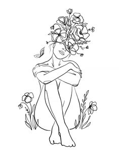 a drawing of a woman with flowers in her hair sitting on the ground and looking down