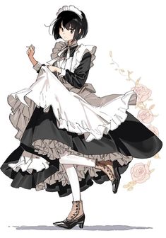 an anime character with black hair wearing a white dress and high heeled shoes is dancing