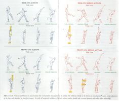 an instruction manual showing the various positions of standing and kneeling people in different poses, with instructions on how to do them