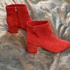 Suede. Red. Zipper. New. Perfect Condition Red Ankle Boots With Zipper Closure, Red Boots With Zipper Closure For Fall, Red Suede Casual Boots, Trendy Red Suede Boots, Red Leather Boots With Zipper Closure, Casual Red Suede Boots, Fall Suede Boots With Red Sole, Marc Fisher, Shoes Boots