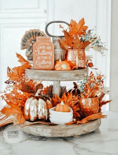 a three tiered tray filled with pumpkins and gourds