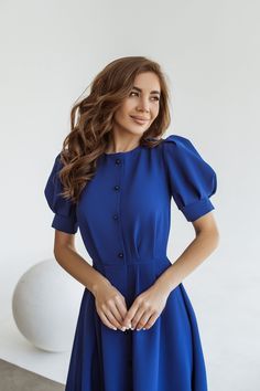 Fabric: Crepe Viscose 50%, Polyester 40%, Elastane 10% Round Neck Short puffed-sleeve Flared waist Buttoned Midi length Puff Sleeve Dresses, Crop Top Shirts, Dress Suits, Blazer Dress, Dress First, Midi Length, One Shoulder Dress, Puff Sleeve, Skirt Set