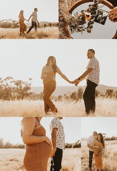 a man and woman holding hands while standing in a field