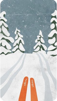 two orange skis sitting in the snow with pine trees on it's sides