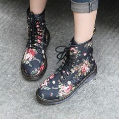 Lace up Floral Ankle Boots on Storenvy Floral Ankle Boots, Flowers Single, Rough Heels, Floral Flats, Women Platform Shoes, Flower Shoes, Ankle Boots Flat, Cowboy Style, Retro Shoes