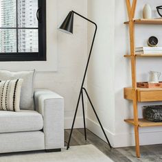 a living room with a white couch and black floor lamp next to a book shelf