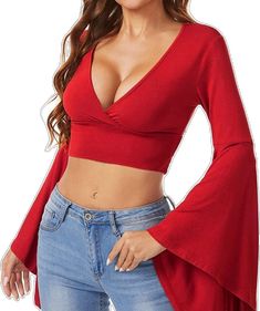 Red Bell Sleeve Top, Womens Party Tops, V Neck Crop Top, Red Quinceanera Dresses, Red Flare, Red Crop Top, Flare Long Sleeve, Trumpet Sleeve, Uk Clothing