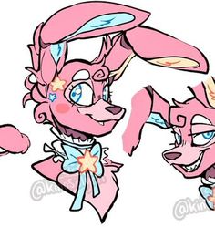 two pink cartoon dogs with blue eyes and bows on their heads, one is staring at the