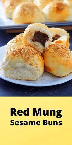 red mung sesame buns on a white plate with the title overlay reads, red mung sesame buns