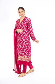 Adorning Rubine Red Palm Silk Salwar Kameez – Panache Haute Couture Red Salwar Kameez With Sheer Dupatta, Designer Red Unstitched Suit, Red Long Sleeve Kurta With Sheer Dupatta, Long Sleeve Salwar Kameez With Sheer Dupatta, Jamawar Lawn Suit With Pallu, Red Semi-stitched Salwar Kameez, Red Anarkali Lawn Suit With Sheer Dupatta, Red Salwar Kameez With Sheer Dupatta And Long Sleeves, Anarkali Lawn Suit With Sheer Dupatta In Red