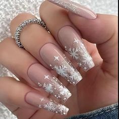 Snow Acrylic Nails, Glitter French Tips, Nail Tip Designs, Fake Nails Long, Fake Nails Designs, Coffin Press On Nails, Snowflake Nails, Winter Nail Designs