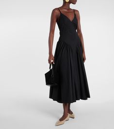 Solene cotton poplin midi dress in black - Tove | Mytheresa Chic Cotton Midi Dress For Daywear, Cotton Knee-length Midi Dress For Casual Wear, Cotton A-line Maxi Dress For Work, Cotton Knee-length Maxi Dress For Daywear, Casual Cotton Evening Dress, Elegant Embroidered Cotton Midi Dress, Cotton Midi Length Dress For Evening, Cotton Midi Length Evening Dress, Black Cotton Midi Dress For Evening