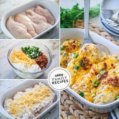 six images showing different types of casserole with chicken, cheese and vegetables in them