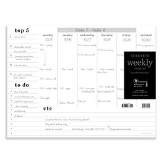 the top 5 weekly calendar is shown in black and white, with text on it