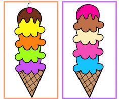 three ice cream cones with different colors