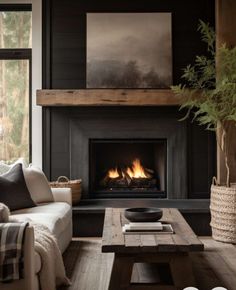 a living room filled with furniture and a fire place in front of a large window