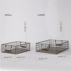 two metal baskets with measurements for each one