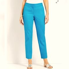 Nwt, Talbots Cotton Piqua Slim Cropped Pants In A Gorgeous Aqua/Turquoise Hue! These Have A Lovely Texture! Slim Leg Wonderful Fabric With A Little Stretch For Ease Of Movement. Front Slash, Back Welt Pockets Pressed Center Creases Vents At The Hem Polished And Sophisticated, But Oh, So Comfortable! Waist Laying Flat 16" Rise 10.5" Inseam 22.5" Cargo Dress Pants, Side Zip Pants, White Crop Pants, Turquoise Blue Color, Frayed Hem Jeans, Crop Dress, Checked Trousers, Aqua Turquoise, Stretch Leggings